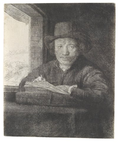 Zelfportret tekenend bij het raam door Rembrandt van Rijn